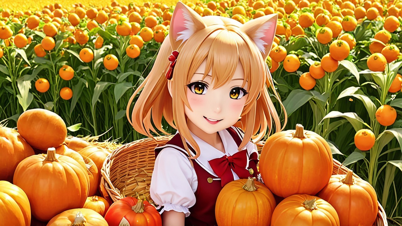 Cheerful Anime Character in Autumn Pumpkin Field