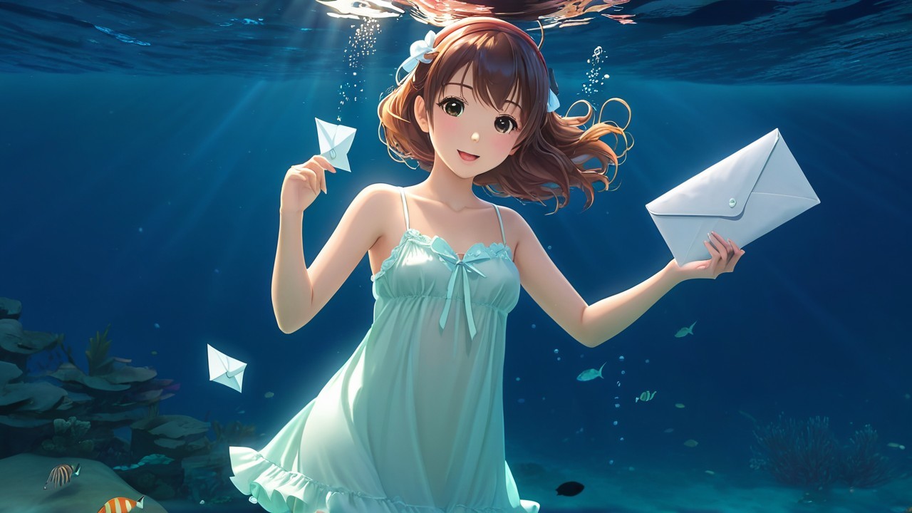 Young girl swimming underwater with colorful fish
