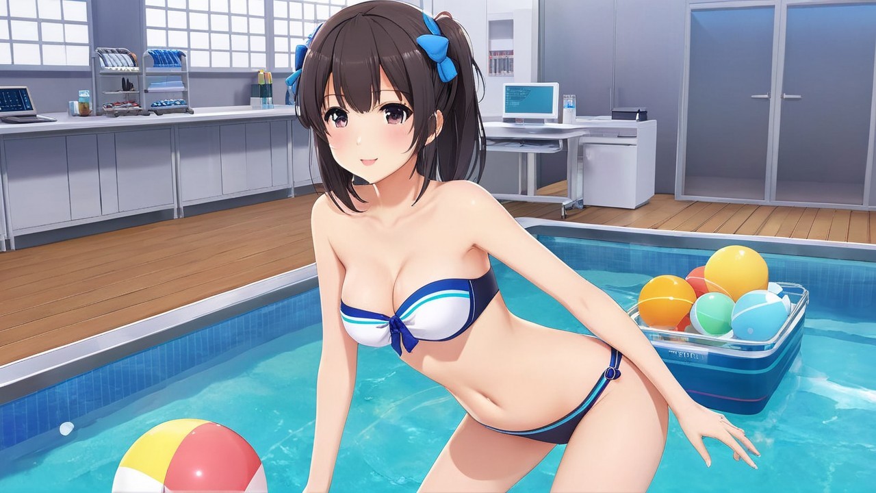 Cheerful girl in bikini by a bright swimming pool