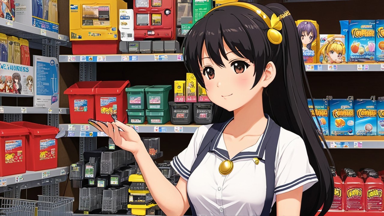 Young woman in colorful grocery store aisle