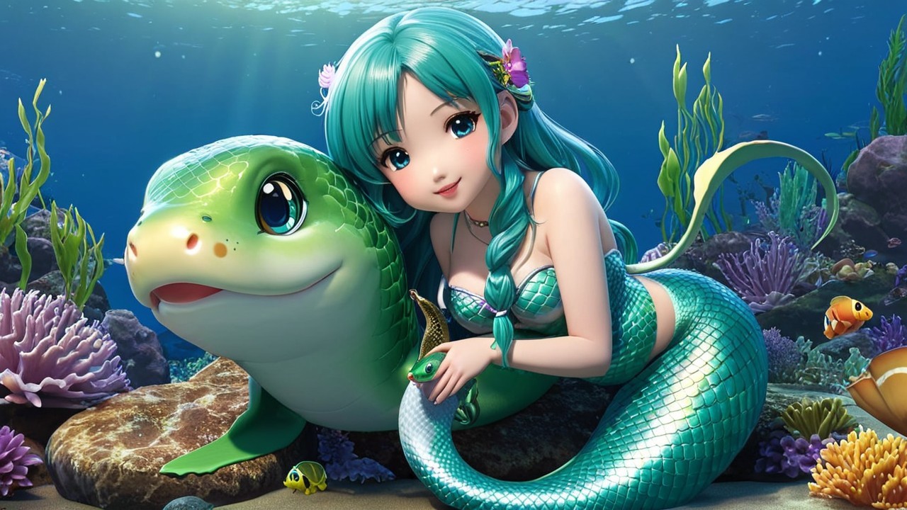 Mermaid in Vibrant Underwater Paradise with Turtle