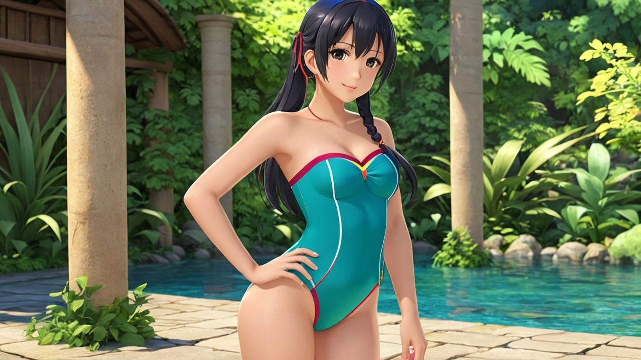 Young woman in turquoise swimsuit by serene pool