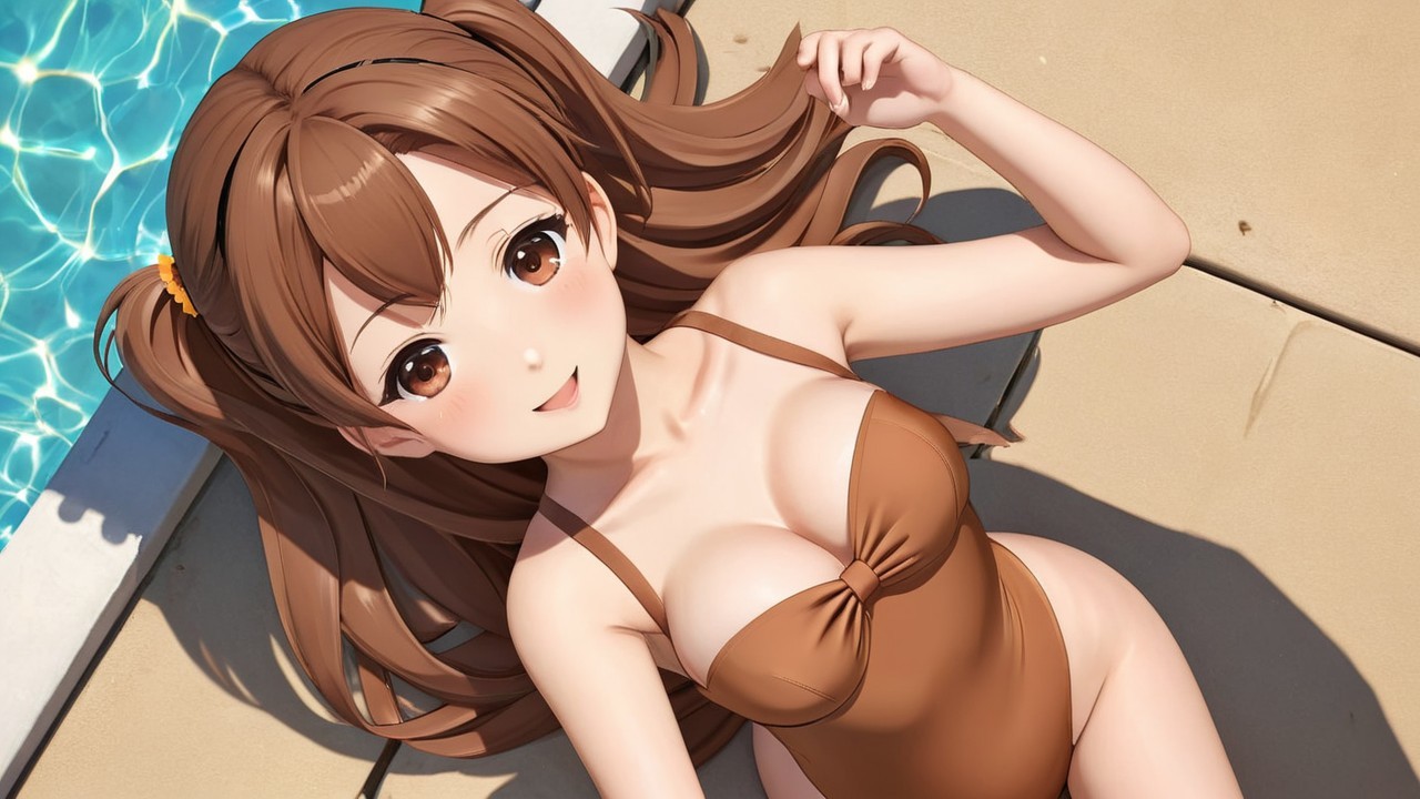 Cheerful anime girl by a sparkling blue pool