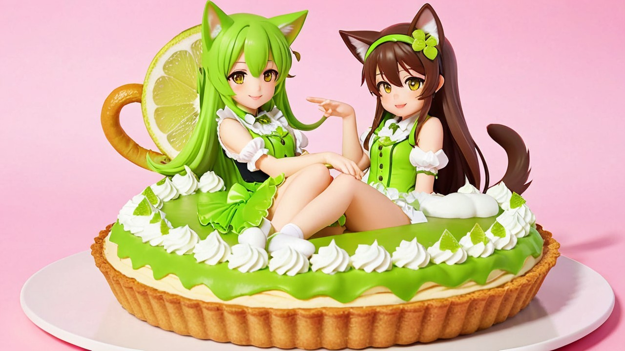 Anime-style figures on a decorative pie with accents