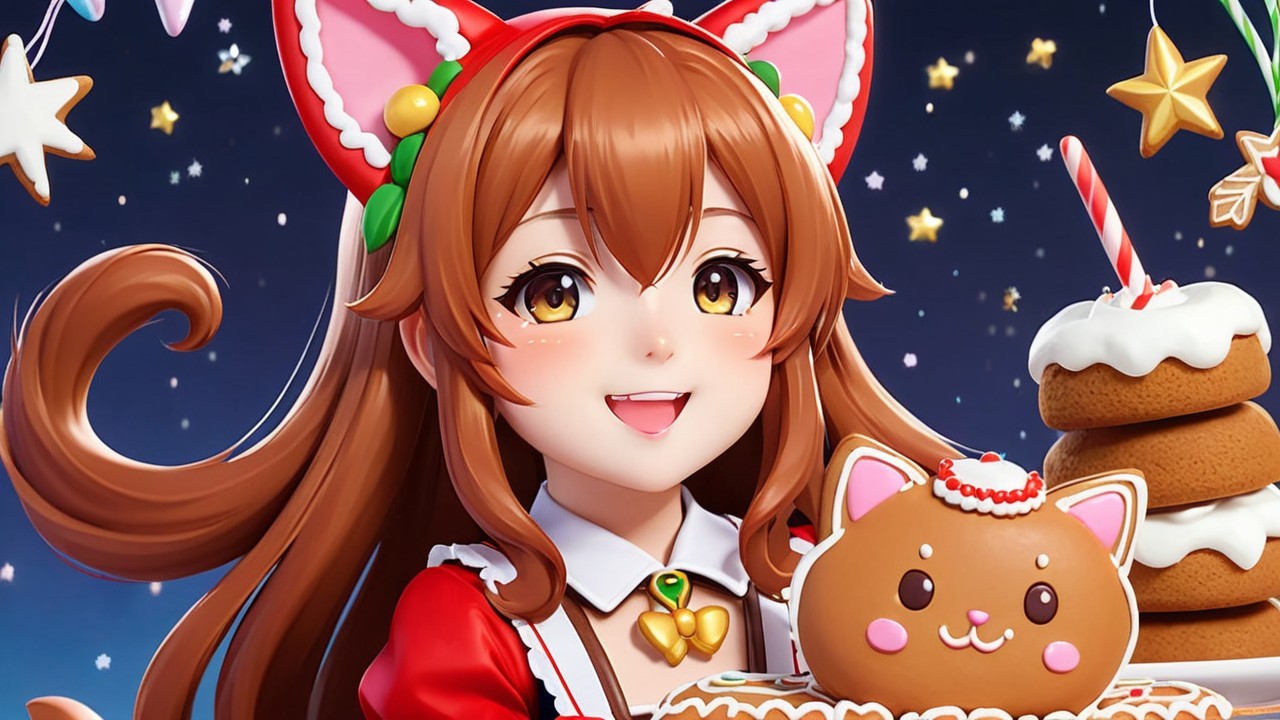Cheerful character with cat ears in festive setting