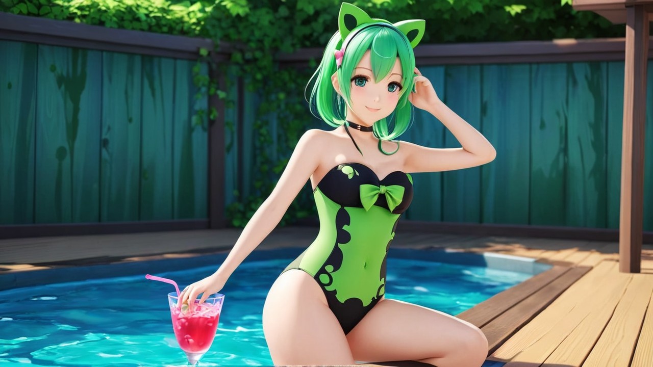 Vibrant Anime Character by Pool in Stylish Swimsuit