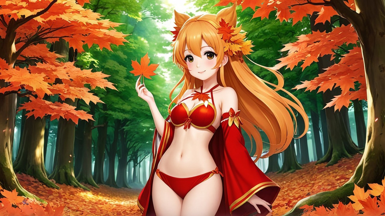 Anime Character in Fiery Autumn Forest Setting