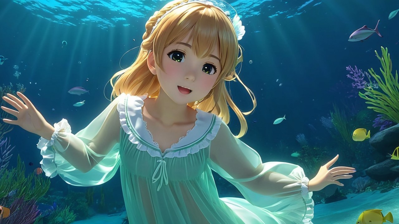 Underwater Scene with Girl in White Dress and Fish