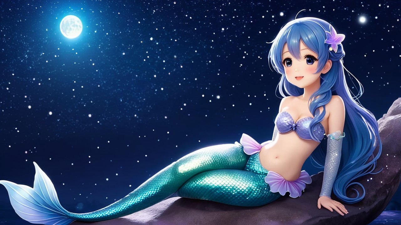Mermaid on a Rock Under a Starry Night Sky
