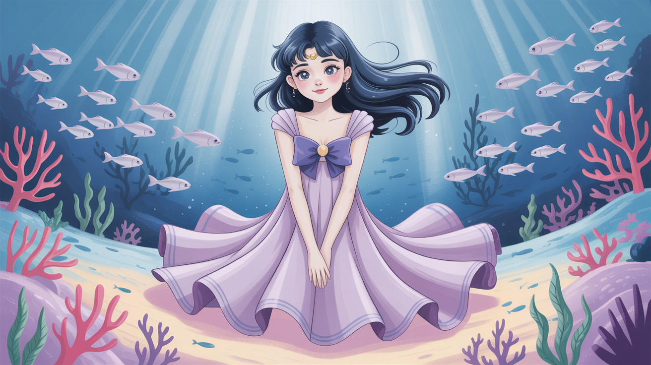 Anime girl in lilac dress on sandy seafloor