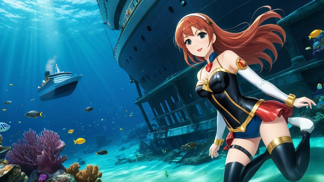 Underwater Scene with Animated Girl and Sunken Ship