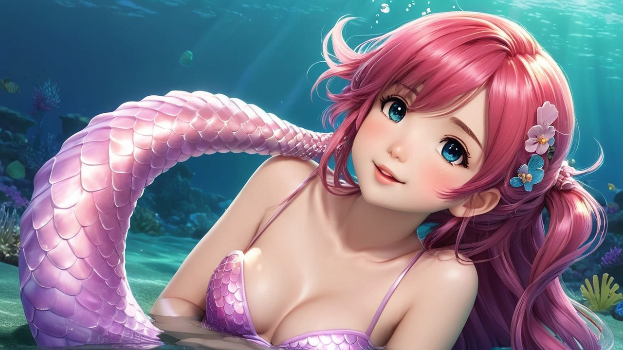Vibrant anime-style mermaid in an underwater scene