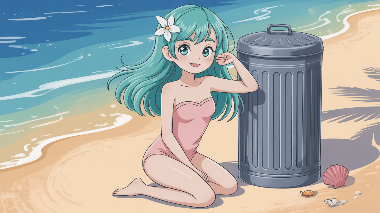Anime Girl with Teal Hair at Beach by Trash Can