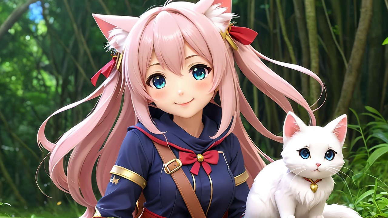 Cheerful girl with pink hair in a forest scene