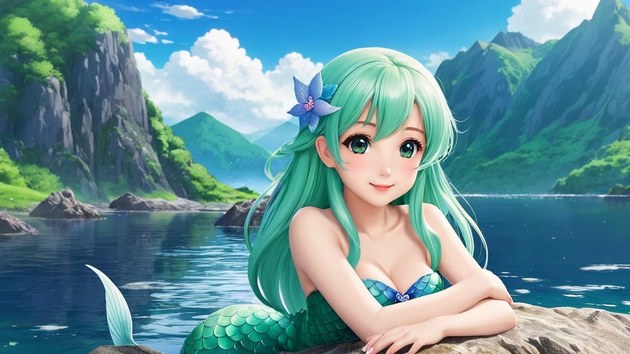 Whimsical Mermaid by Serene Lake with Green Mountains