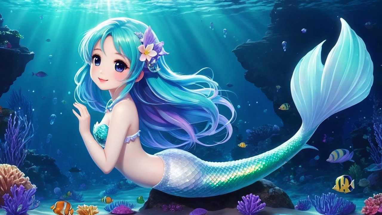 Whimsical Underwater Scene with a Mermaid and Coral Reefs
