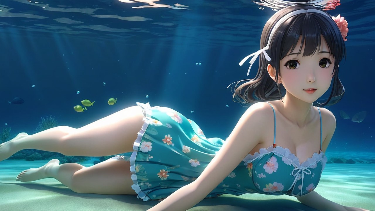 Underwater Scene of a Woman in Floral Dress
