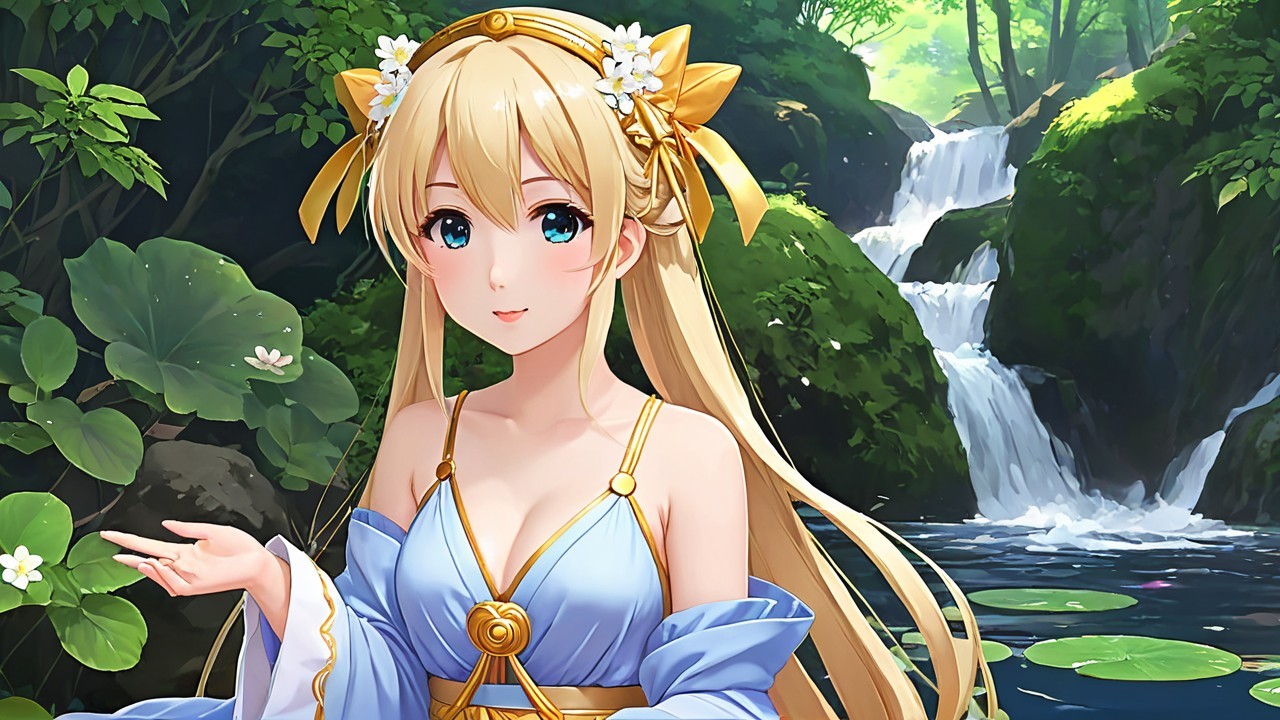 Anime Character in Blue Dress Surrounded by Nature