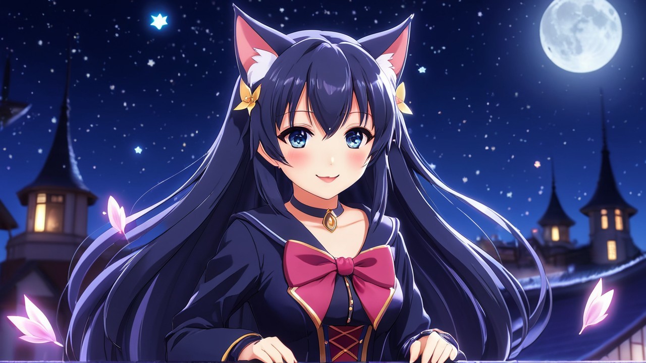 Anime girl with cat ears in starry night setting