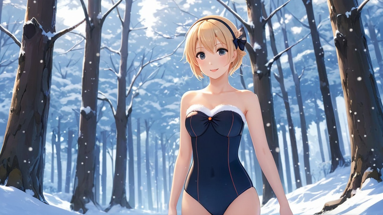 Character in Swimsuit in Snowy Winter Forest