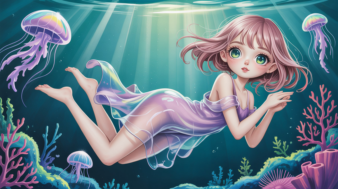 Kawaii Anime Girl Swimming Among Jellyfish and Coral