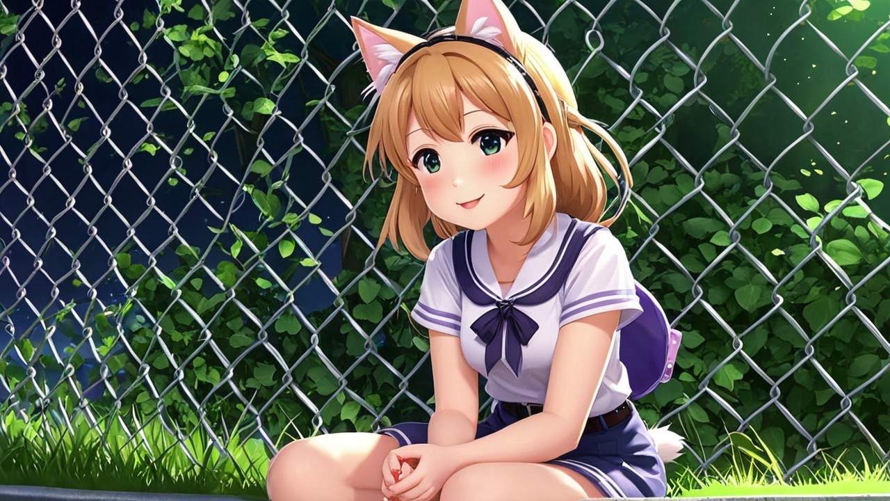 Anime Girl with Cat Ears by Chain-Link Fence