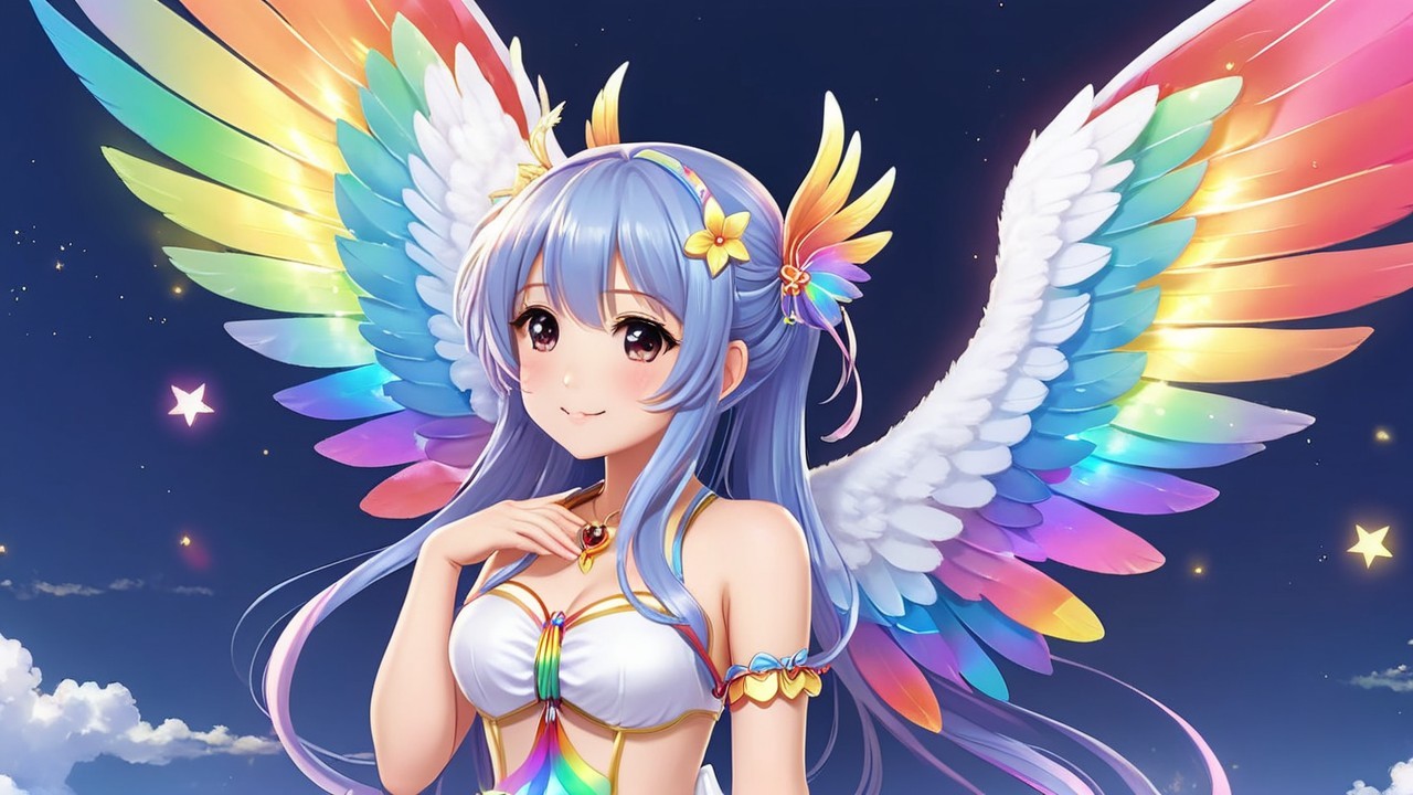 Vibrant anime character with blue hair and rainbow wings