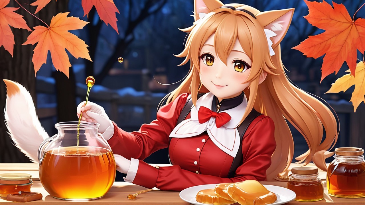 Fox-like character in autumn setting with tea and honey