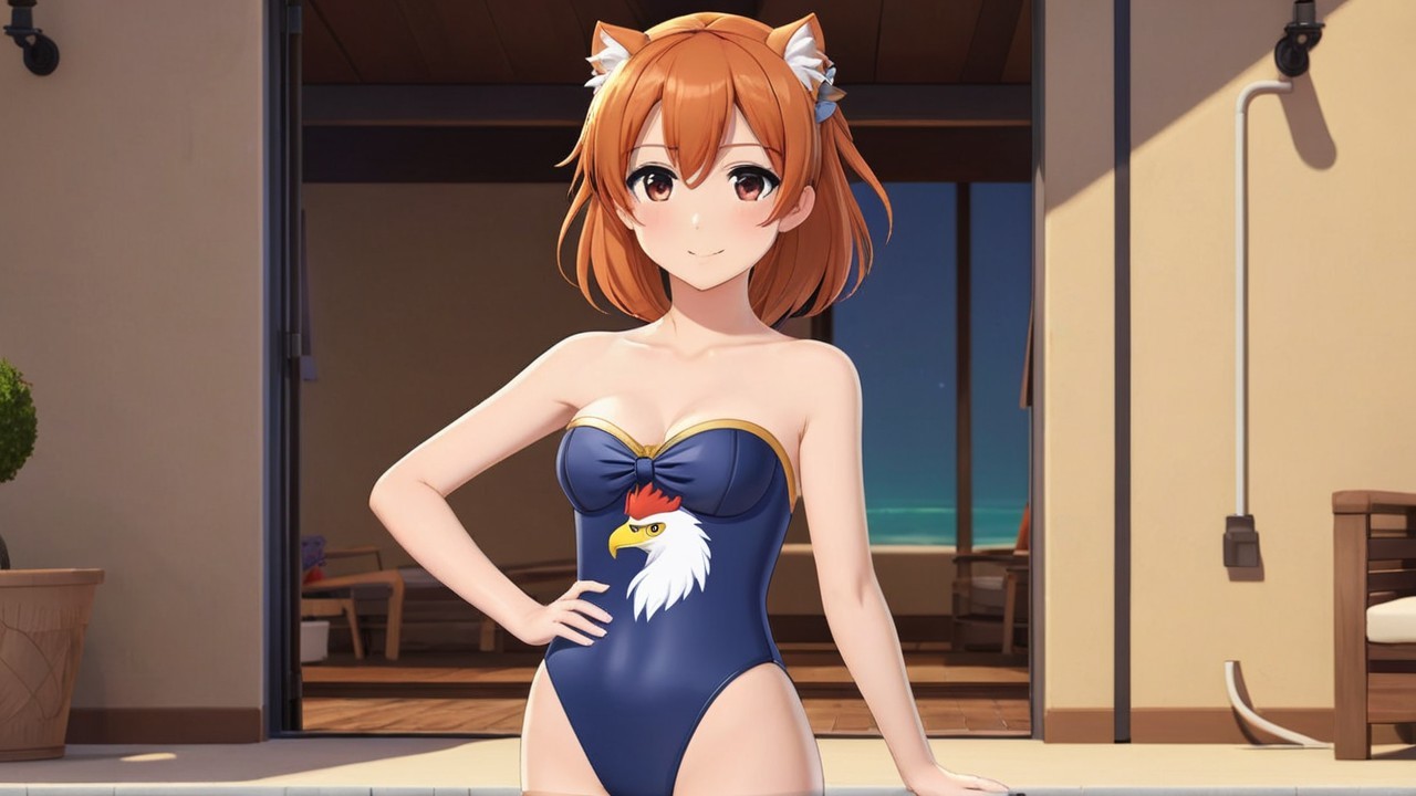 Cheerful Anime Character in Blue Swimsuit by Pool