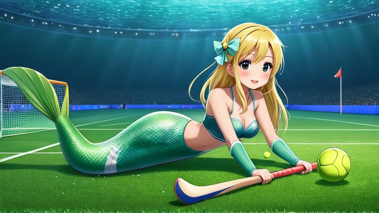 Cheerful mermaid in sports field with hockey stick