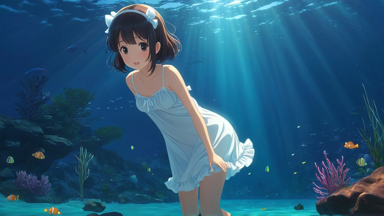 Underwater Exploration of a Young Girl Among Coral
