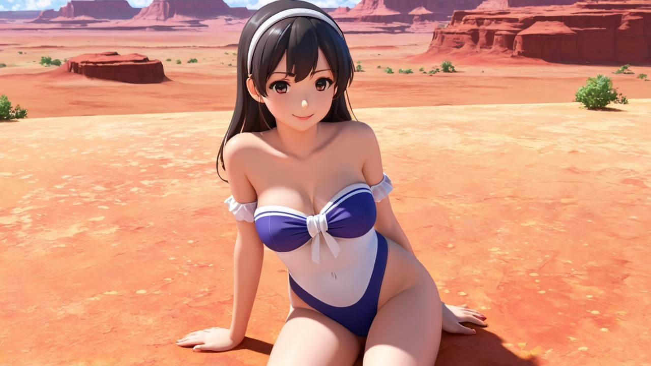 Young Woman in Stylish Swimsuit in Desert Landscape