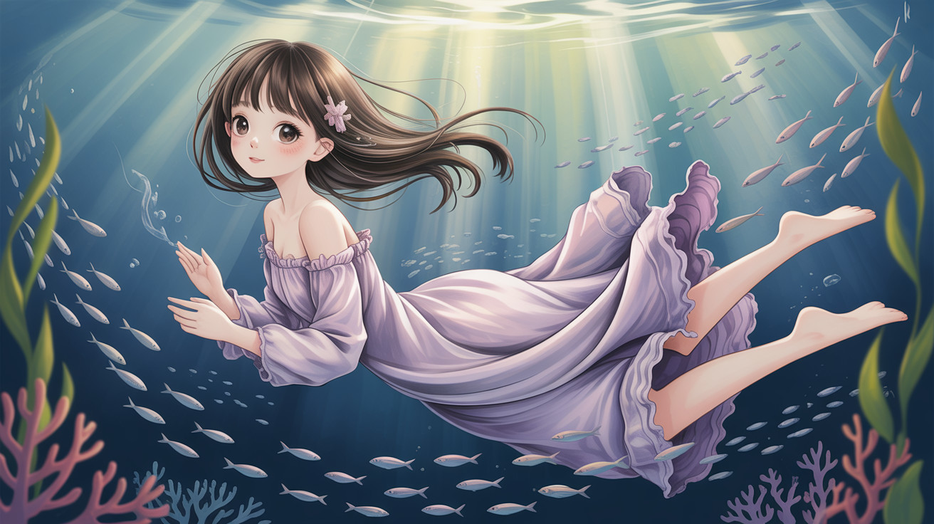 Underwater Scene Featuring Anime-Style Girl and Marine Life