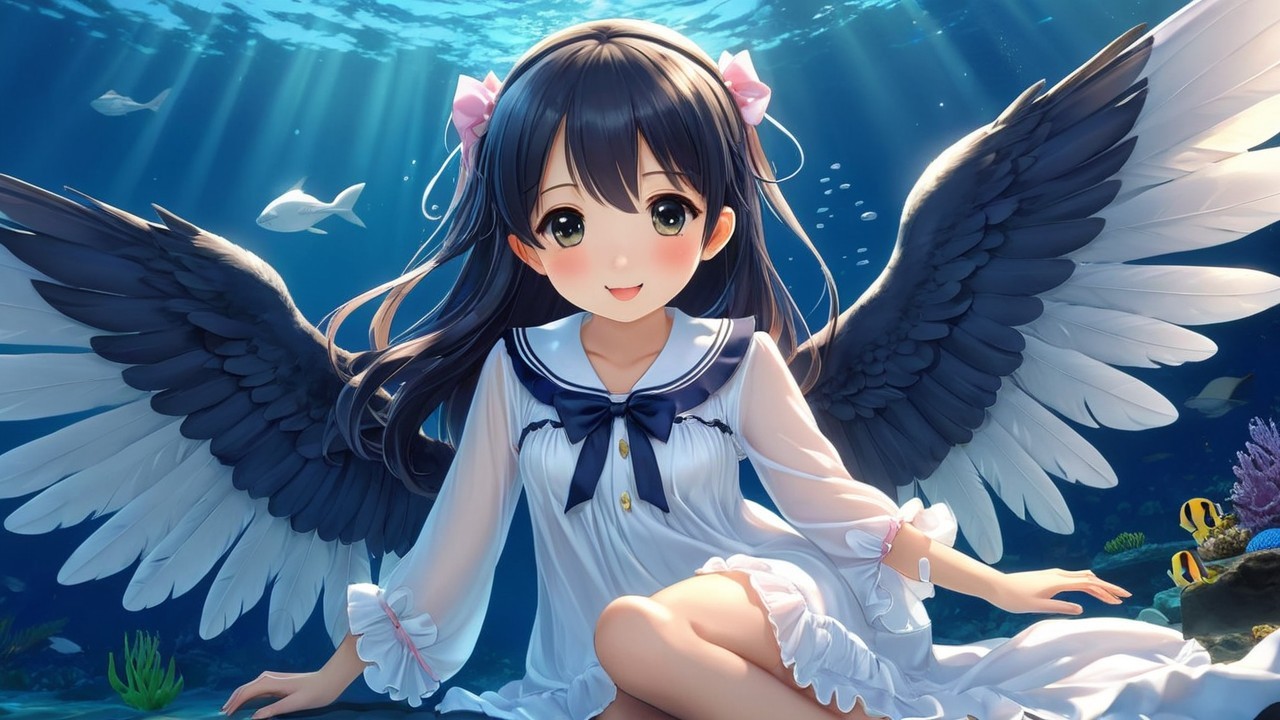 Underwater Scene with Girl and Feathered Wings