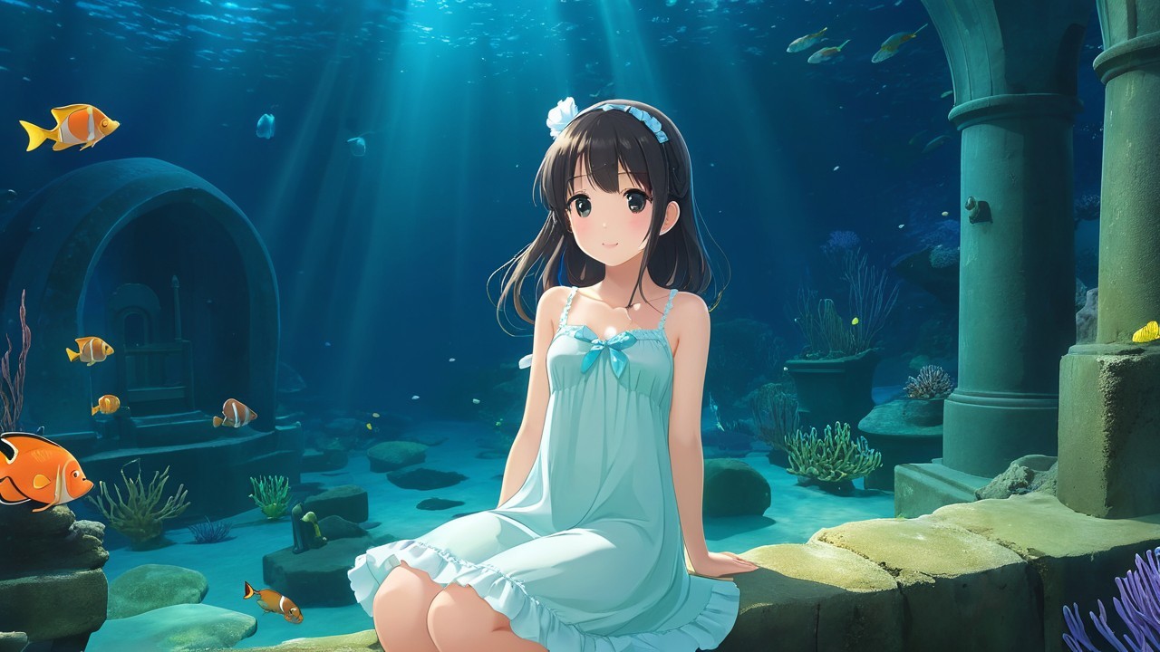 Young girl in blue dress in enchanting underwater scene