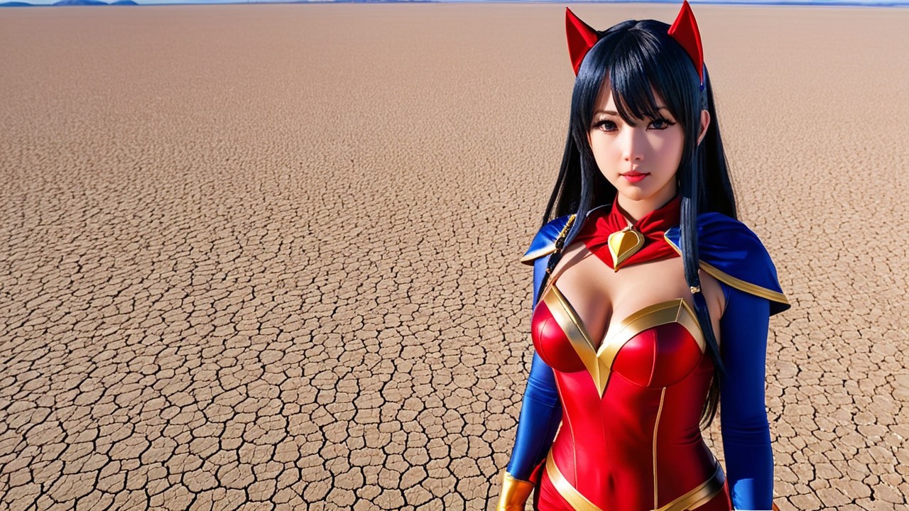 Female Cosplayer in Superhero Costume in Desert Setting