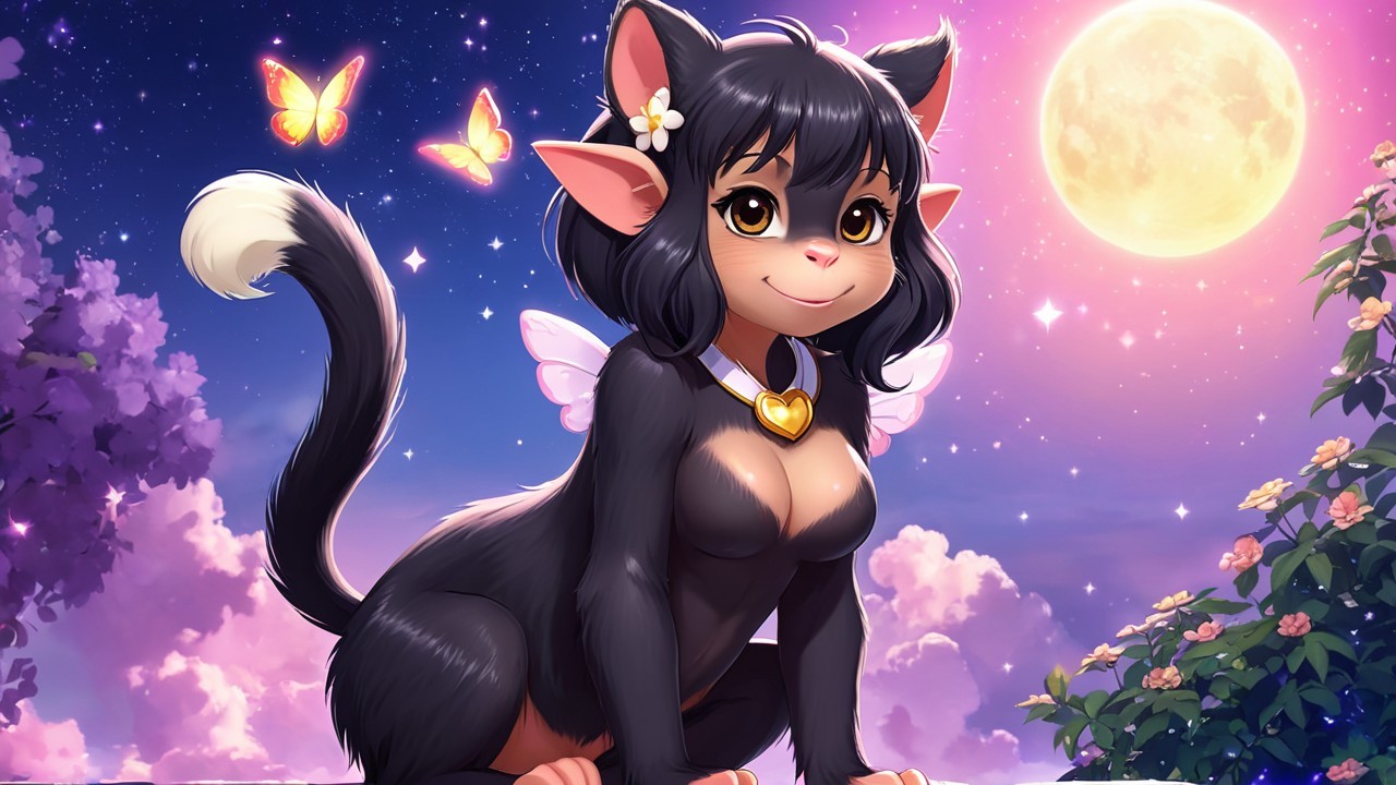 Whimsical Cat-like Character Under Full Moon