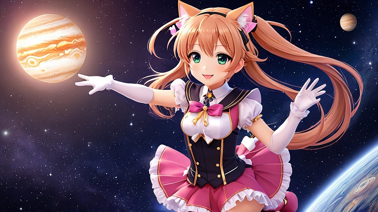 Anime Character with Cat Ears Floating in Space