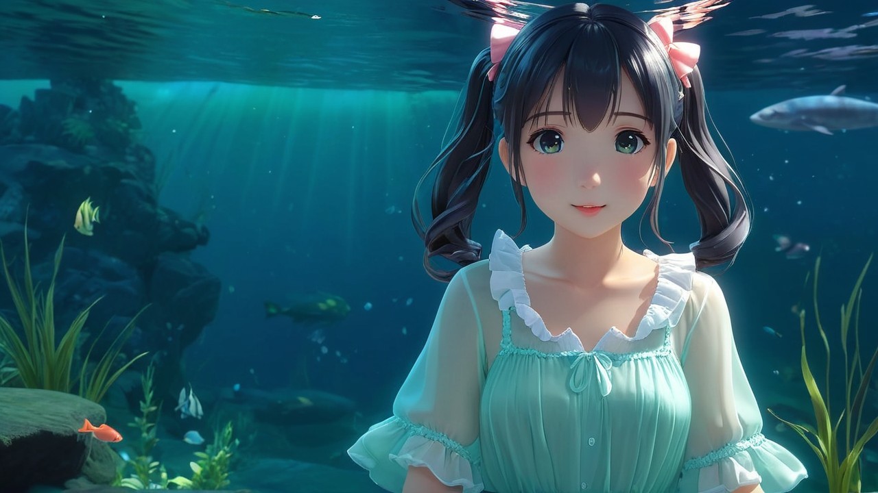 Young girl underwater with pigtails and fish