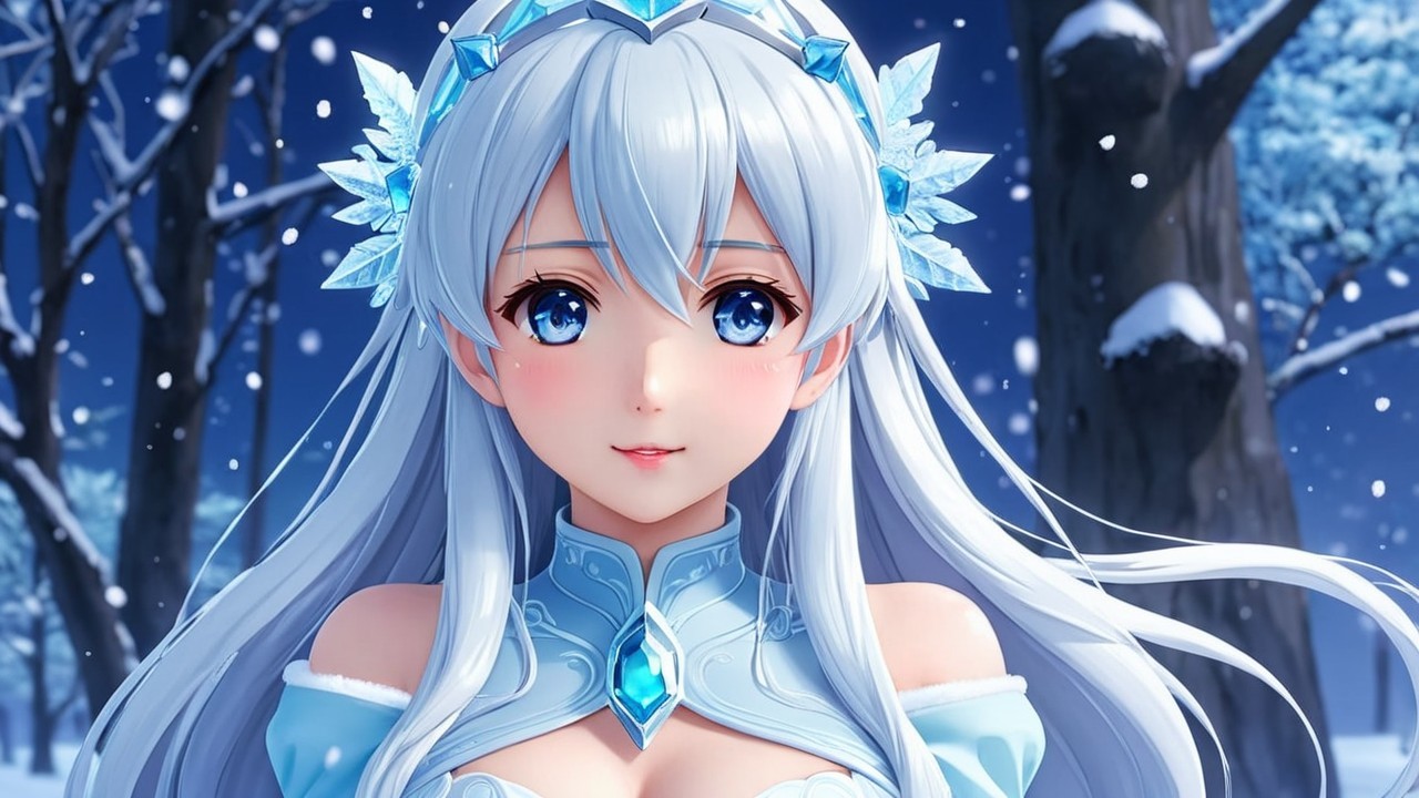 Winter Scene with Girl in Ice-Themed Attire