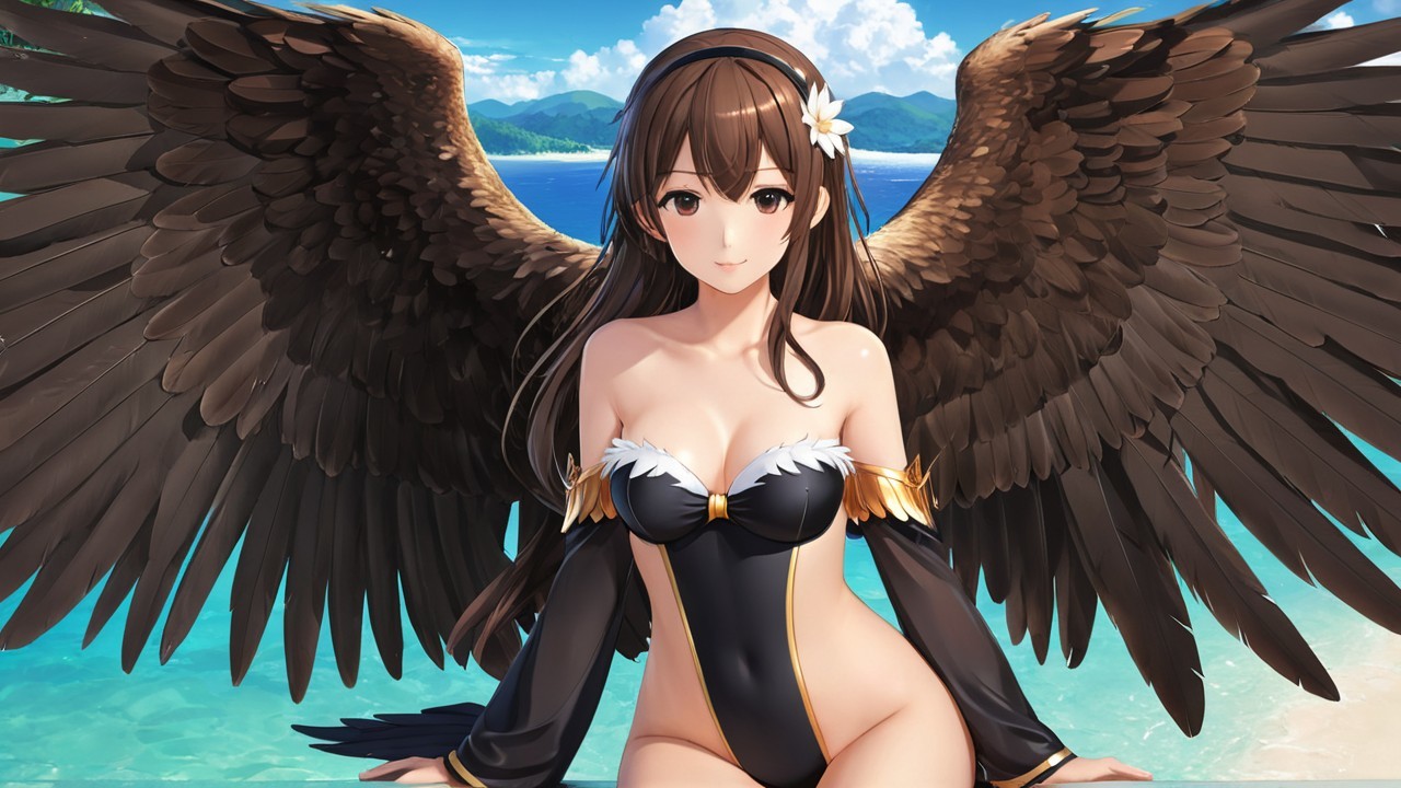 Elegant Winged Character by Serene Beach Scene