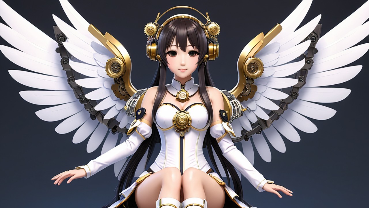 Futuristic Female Character with Elegant Wings and Headphones