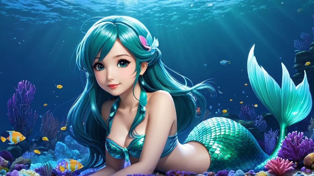 Mermaid on Coral Reef with Colorful Marine Life