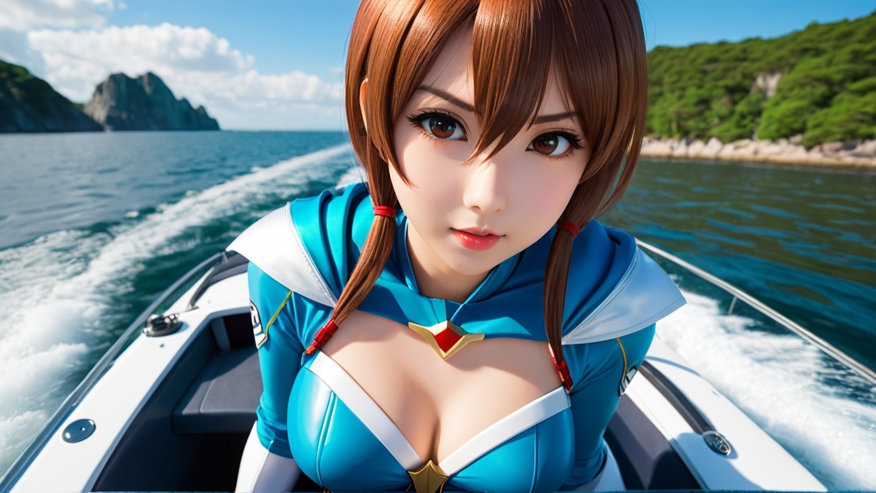 Young woman in superhero outfit on a scenic boat