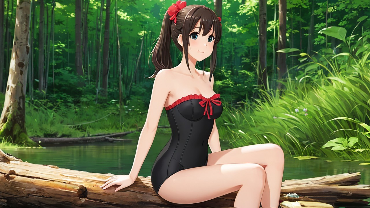Anime Character by Serene Forest Lake in Swimsuit