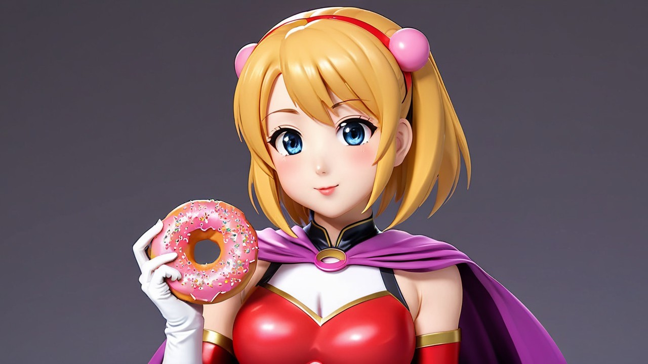 Cheerful anime girl in vibrant outfit with donut