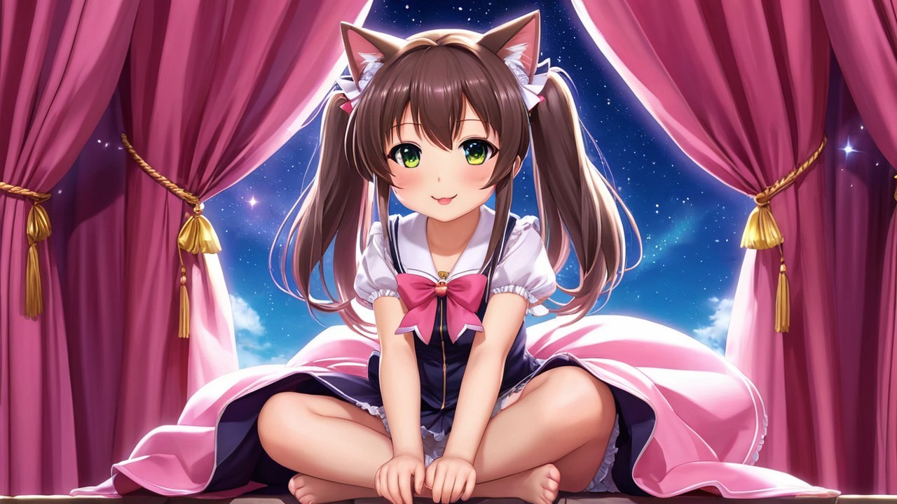 Anime girl on stage with curtains and starry sky