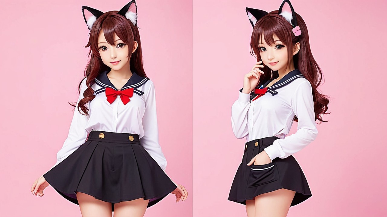 Playful Anime Character with Cat Ears and Skirt