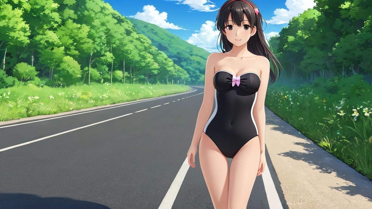 Young Woman in Black Swimsuit by Scenic Road