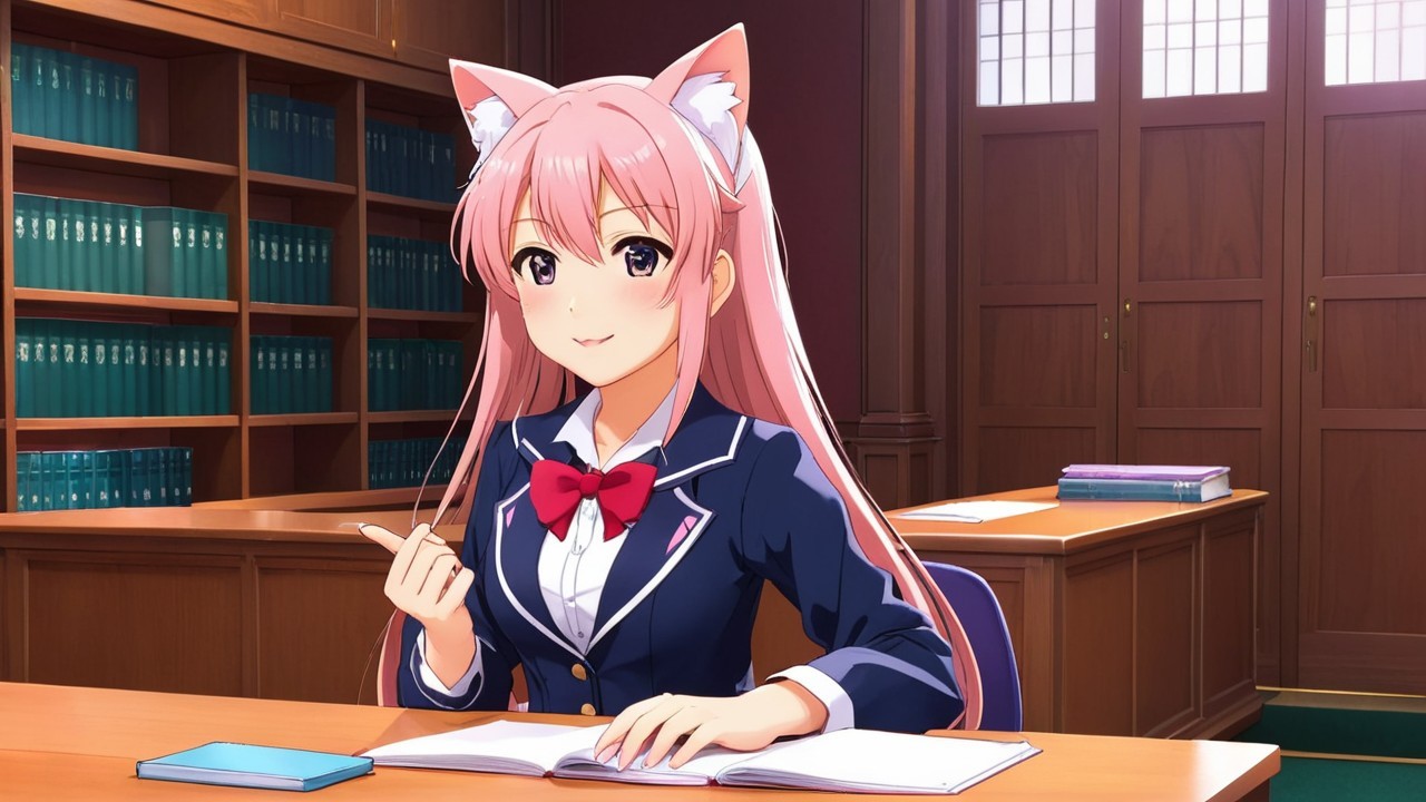 Cozy Library Scene with Character in School Uniform